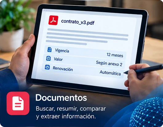 Tableta con un contrato en PDF y sus datos clave extraídos: vigencia, valor y renovación.