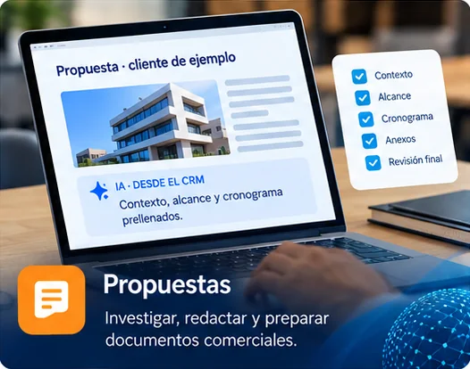 Borrador de propuesta comercial con contexto, alcance y cronograma prellenados desde el CRM.