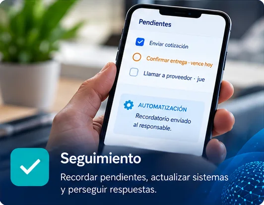 Teléfono con una lista de pendientes y un recordatorio automático enviado al responsable.