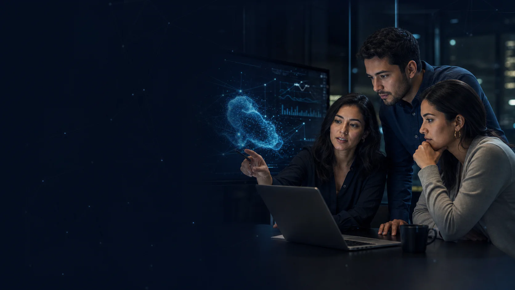 Equipo trabajando con datos e inteligencia artificial conectados en una red de nodos